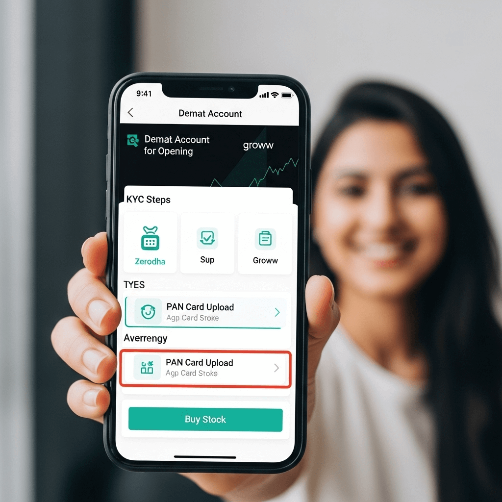 Screenshot of opening a demat account on the Zerodha app, featuring a young Indian holding a smartphone.
