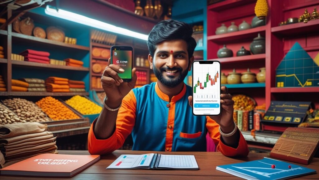 Start Investing in Share Market for Beginners - A young Indian shopkeeper in using a smartphone to begin share market investment in a traditional shop setting."