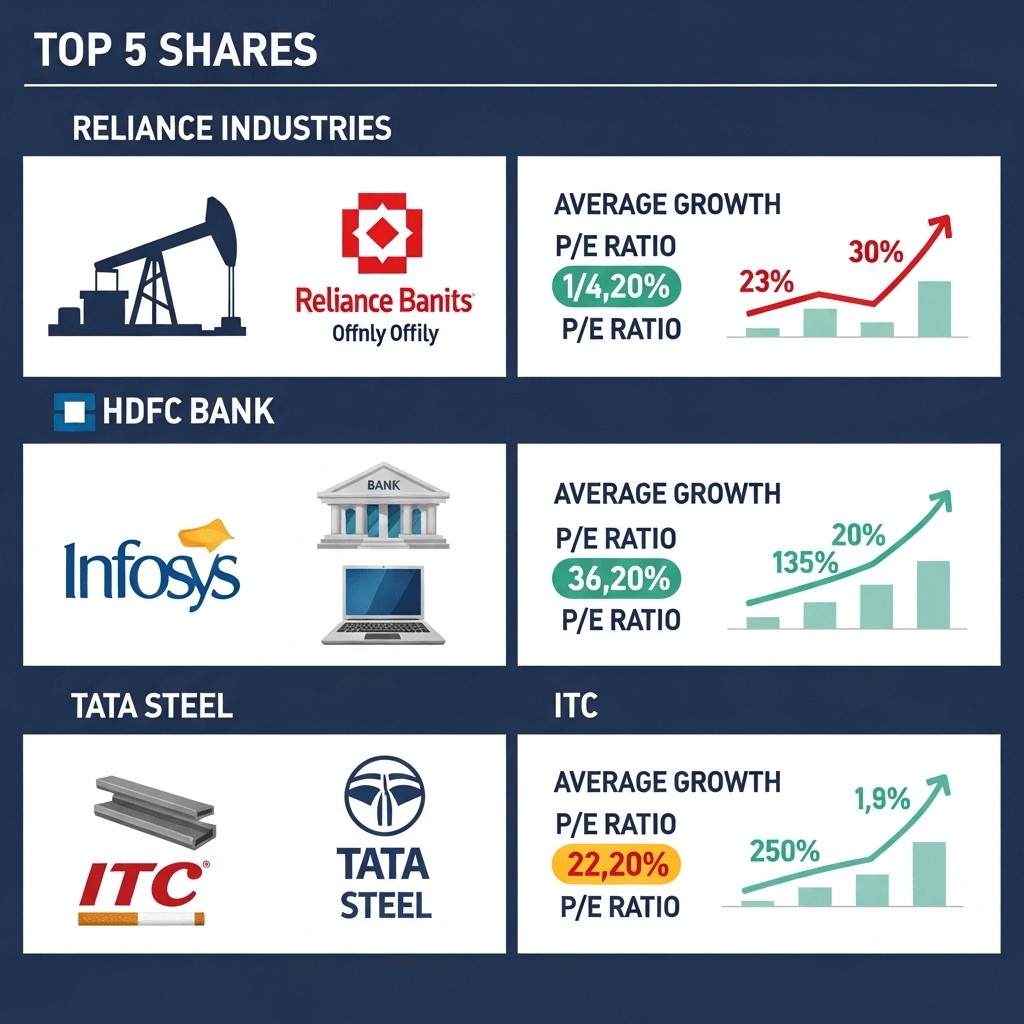 Graphic-of-top-5-stocks-for-beginners-including-Reliance-HDFC-Bank-and-Infosys