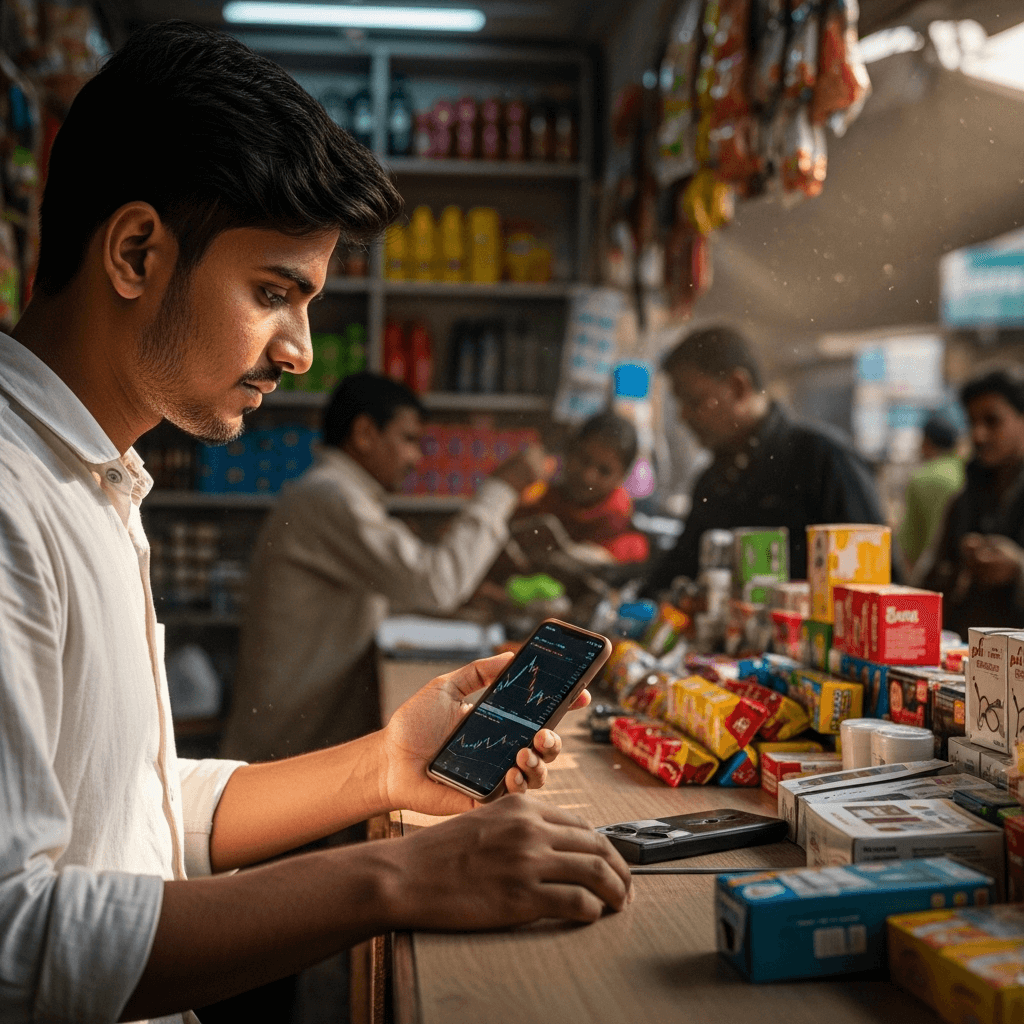 Young Indian shopkeeper checking the stock market on a smartphone