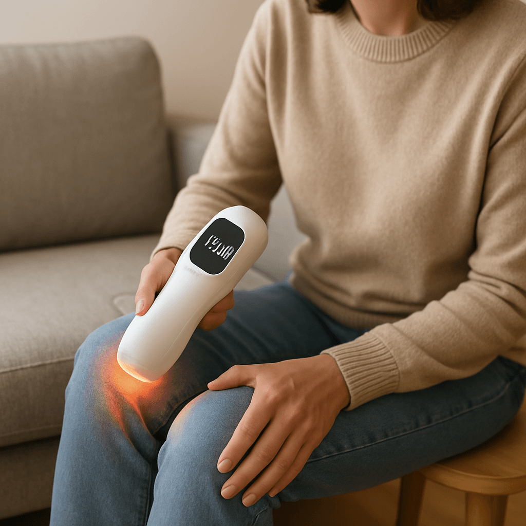 Home session setup with a handheld device aimed at the knee and a visible timer for short, consistent use. terahertz therapy for joint pain Home session setup with a handheld device aimed at the knee and a visible timer for short, consistent use. terahertz therapy for joint pain