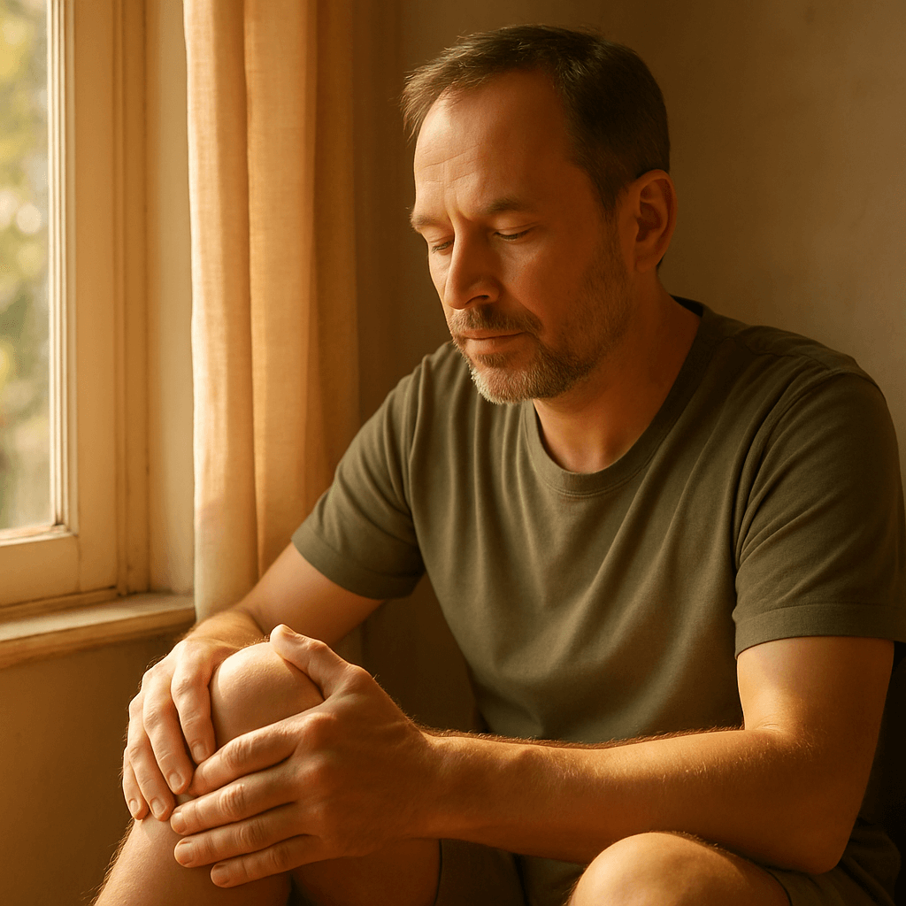 Person seated by a window gently holding a sore knee, conveying everyday joint pain and hope for relief. Person seated by a window gently holding a sore knee, conveying everyday joint pain and hope for relief.