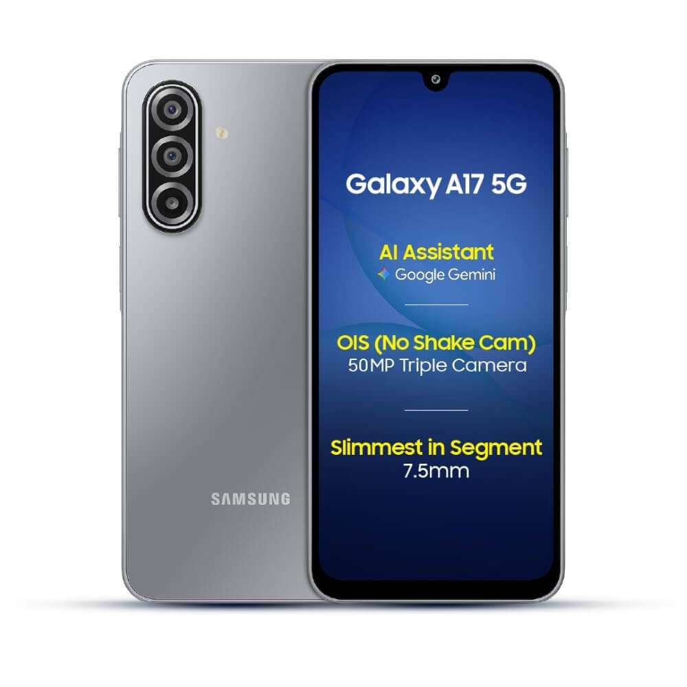 Samsung Galaxy A17 5G back with linear camera layout and flat sides in Blue color