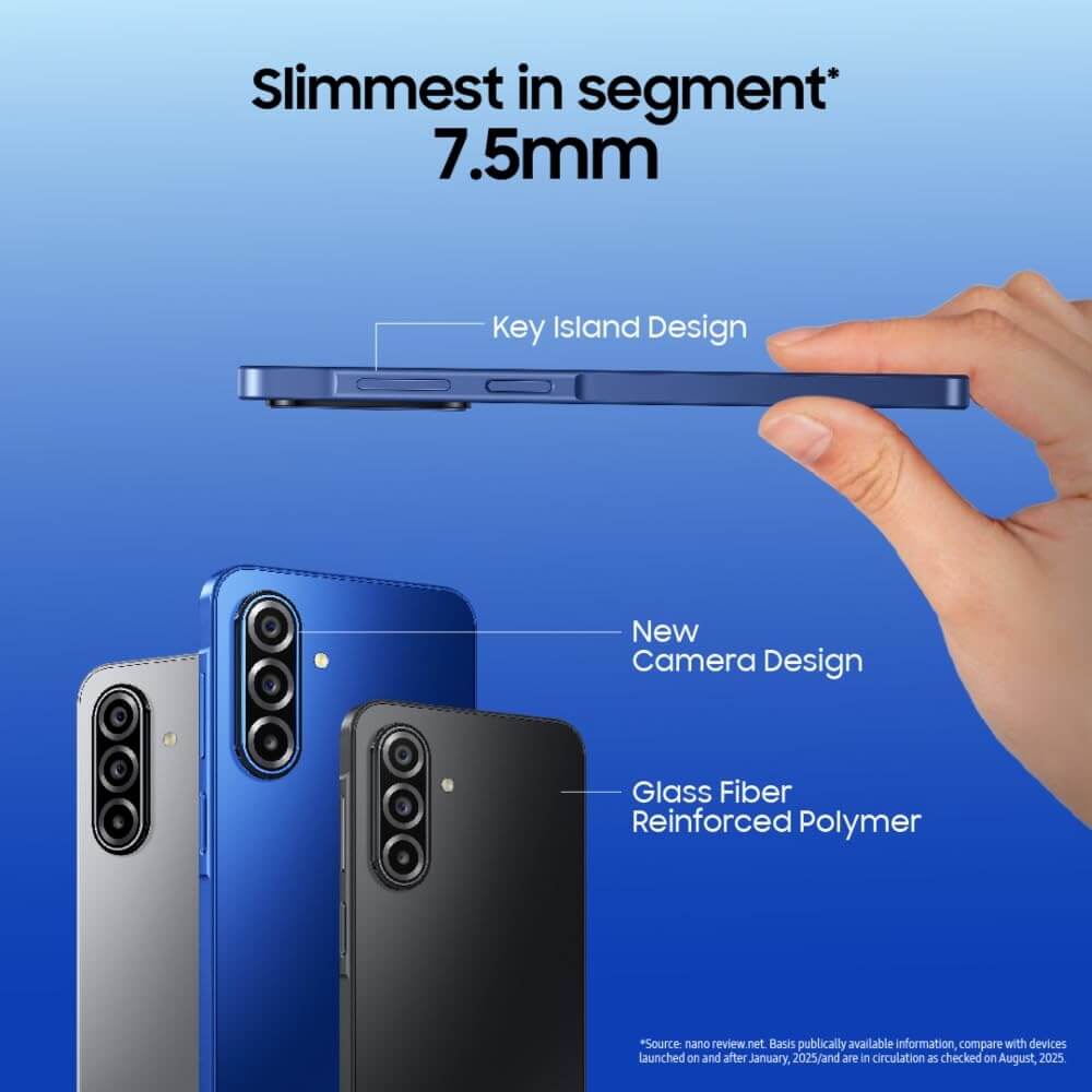 Samsung Galaxy A17 5G color options Black, Grey, and Blue shown front and back Samsung Galaxy A17 5G color options Black, Grey, and Blue shown front and back